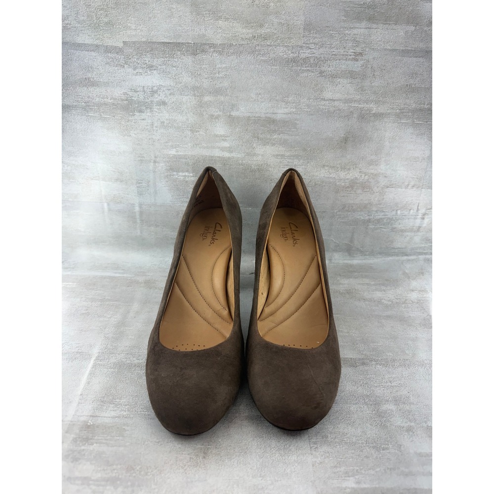Clarks Indigo Women Sz 9M Brown Suede Block Heel Round Toe Pumps 63134